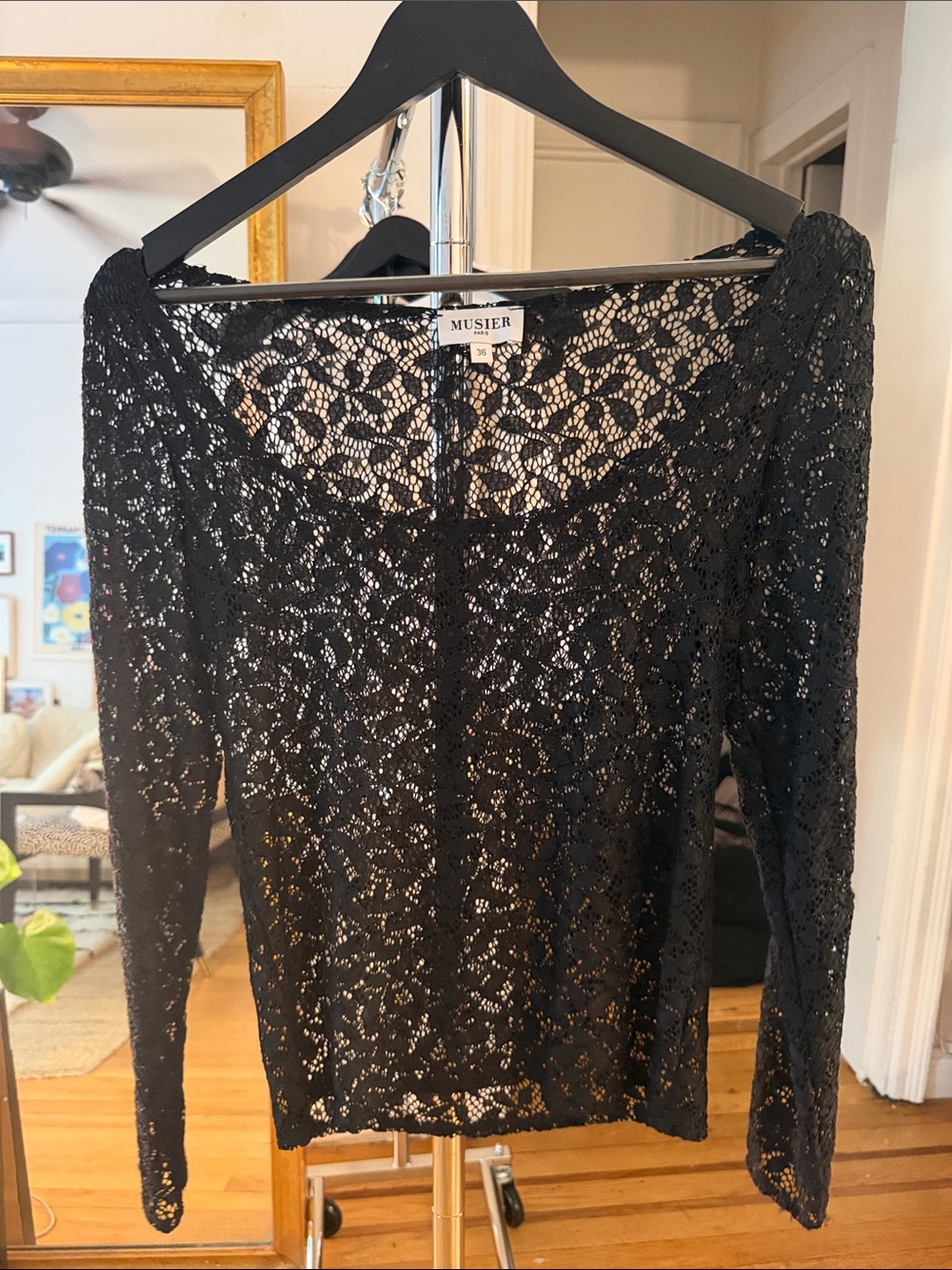 Musier Paris Black Floral Lace Long Sleeve Top
